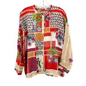 Johnny Was Ridge Lennox Silk Long Sleeve Top Red Floral Artsy Boho Size XS